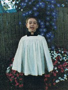 Ben Dorrough; in bell choir robe in backyard in Canandaigua